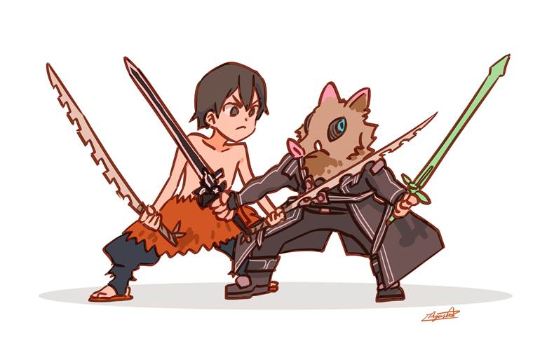 二次创作, sword art online, 桐人, Inosuke Hashibira, 鬼灭之刃, 毫无违和, Yoshitsugu Matsuoka, Aniplex, 刀剑神域