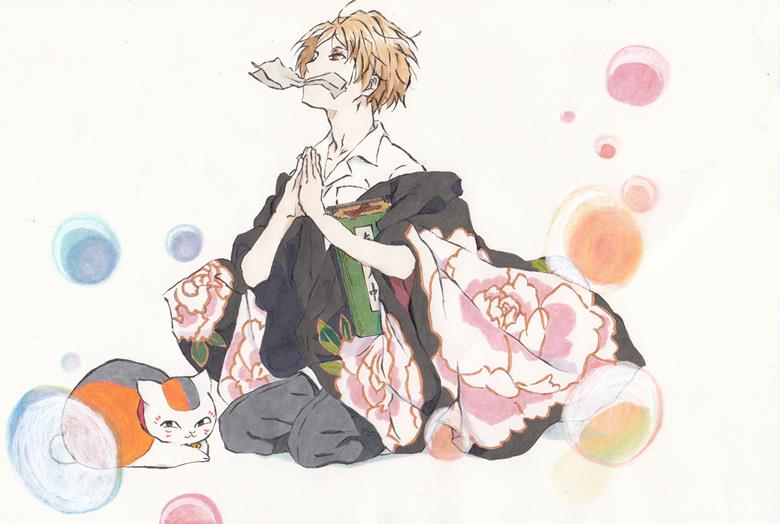 夏目友人帐, Takashi Natsume, 男孩子, Nyanko-sensei, young boy, cat, 手绘, copic马克笔, Nyanko-sensei