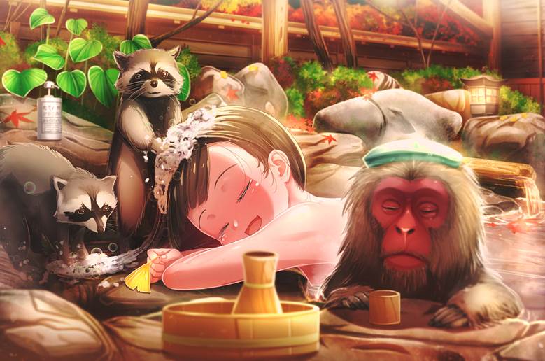 原创, 女孩子, raccoon, monkey, onsen, autumn leaves, Original 250+ bookmarks