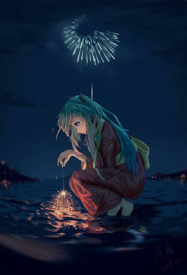 女孩子, 初音未来, night, 焰火, VOCALOID 100收藏, 可爱