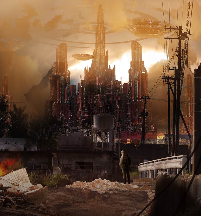 原创, 风景, background, 概念艺术, sky, city, 废墟, spaceship