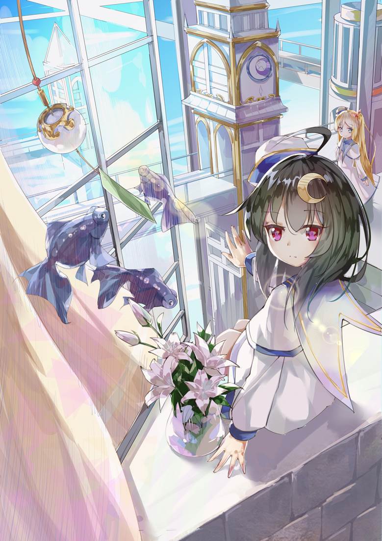 Nikkei, 水手服, sky, tower, 百合, 金发, 黑发, 风铃, 金鱼, beautiful girl