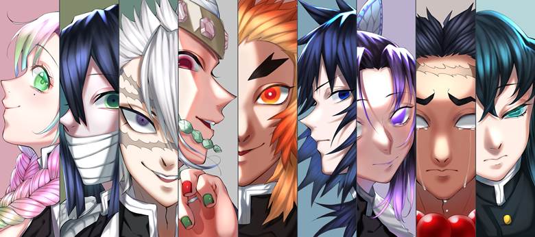 Sanemi Shinazugawa, Mitsuri Kanroji, Tengen Uzui, Shinobu Kochou, Kyojuro Rengoku, Giyu Tomioka, feels like we can't win, so cool!, Demon Slayer: Kimetsu no Yaiba