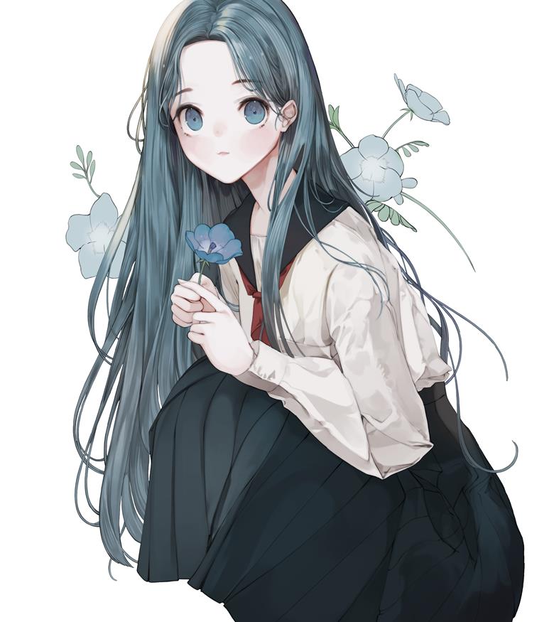 插画, creation, 女孩子, young girl, flower, blue hair, uniform, blue eyes, blue eyes