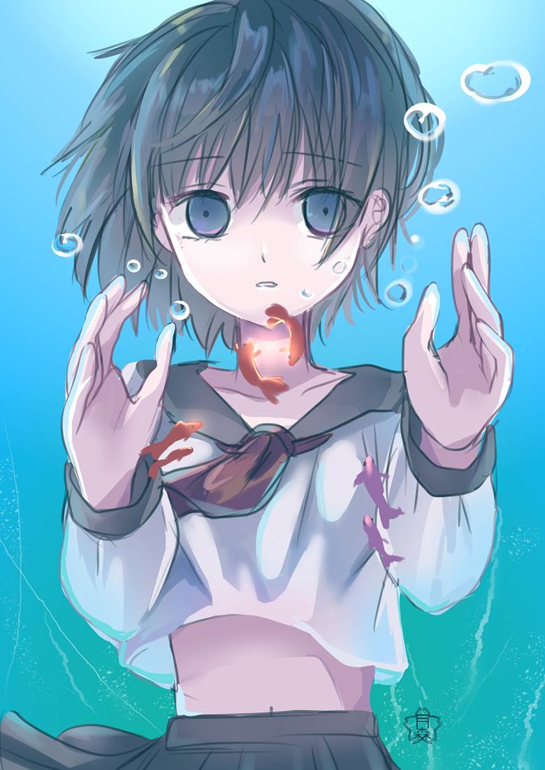 原创, 女孩子, 水下, uniform, 金鱼, 水手服