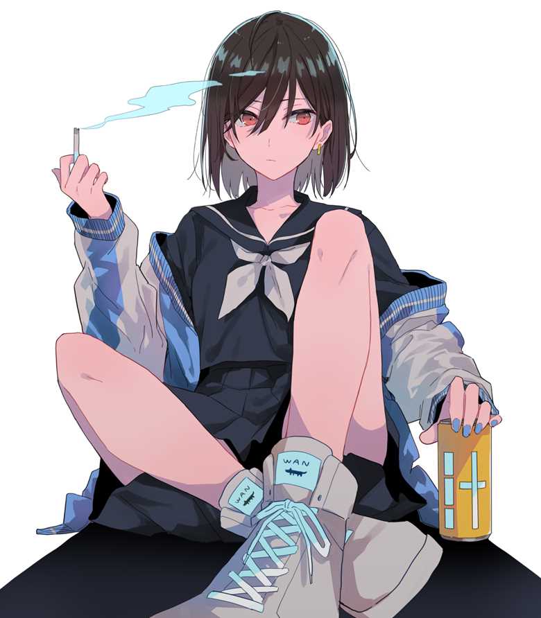 creation, girl, original, cigarette, black sailor uniform, high cut sneaker, boy-cut, tobacco, original 30000+ Bookmarks, piercing