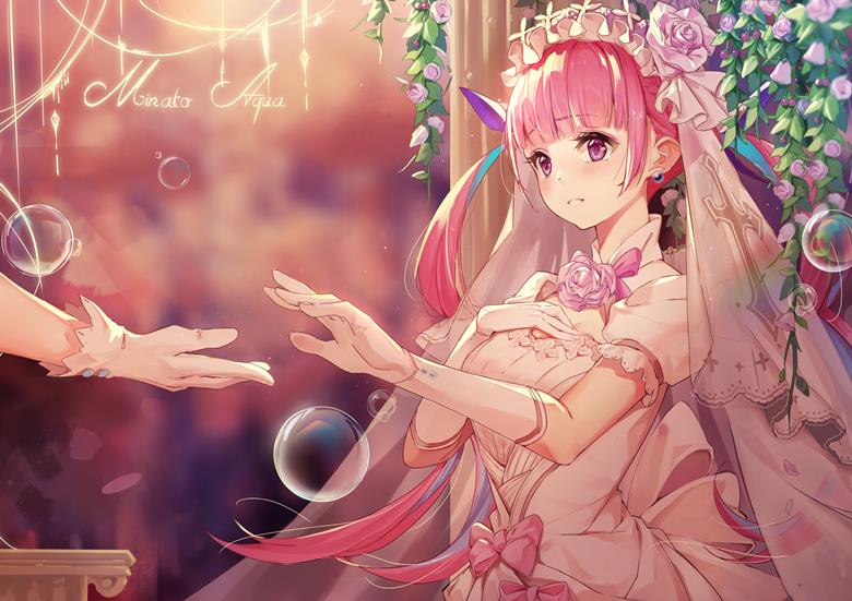 Minato Aqua, veil, bride, wedding dress, gloves