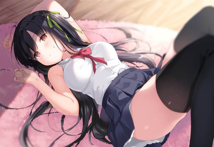原创, 黑长直, 女孩子, 仰卧, 无袖, 过膝袜, 显性巨乳, 原创30000收藏, miniskirt