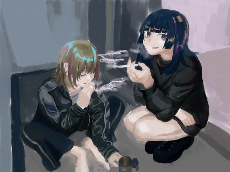 girl, impasto, hime cut, cigarette, tobacco, blonde