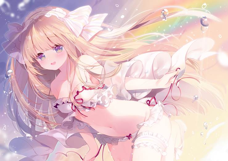 girl, swimsuit, rainbow, garter ring, long blond hair, bellybutton, Kougei Ciel Nana