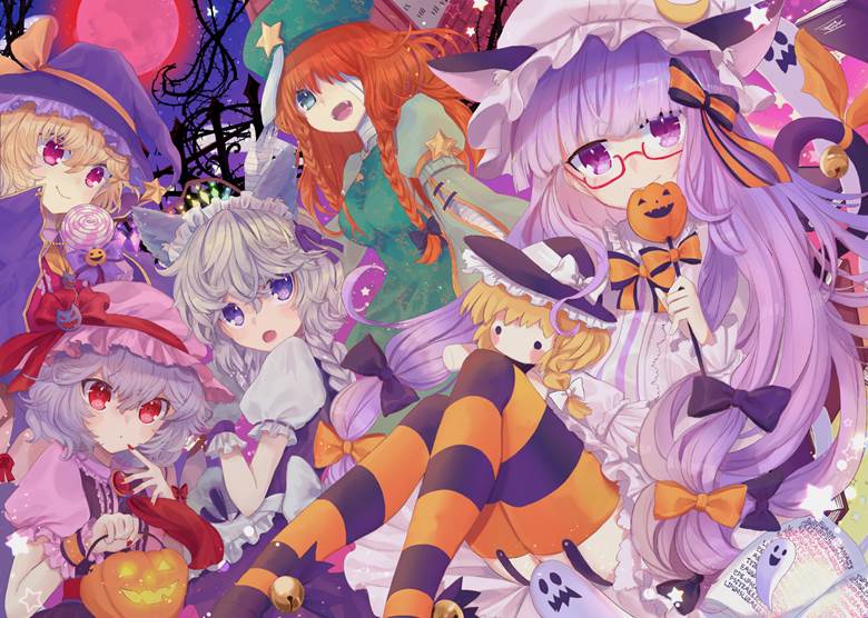 帕秋莉·诺蕾姬, 东方, 芙兰朵露・斯卡蕾特, 万圣节, 蕾米莉亚·斯卡蕾特, 红美铃, sakuya izayoi, Touhou Project 100+ bookmarks