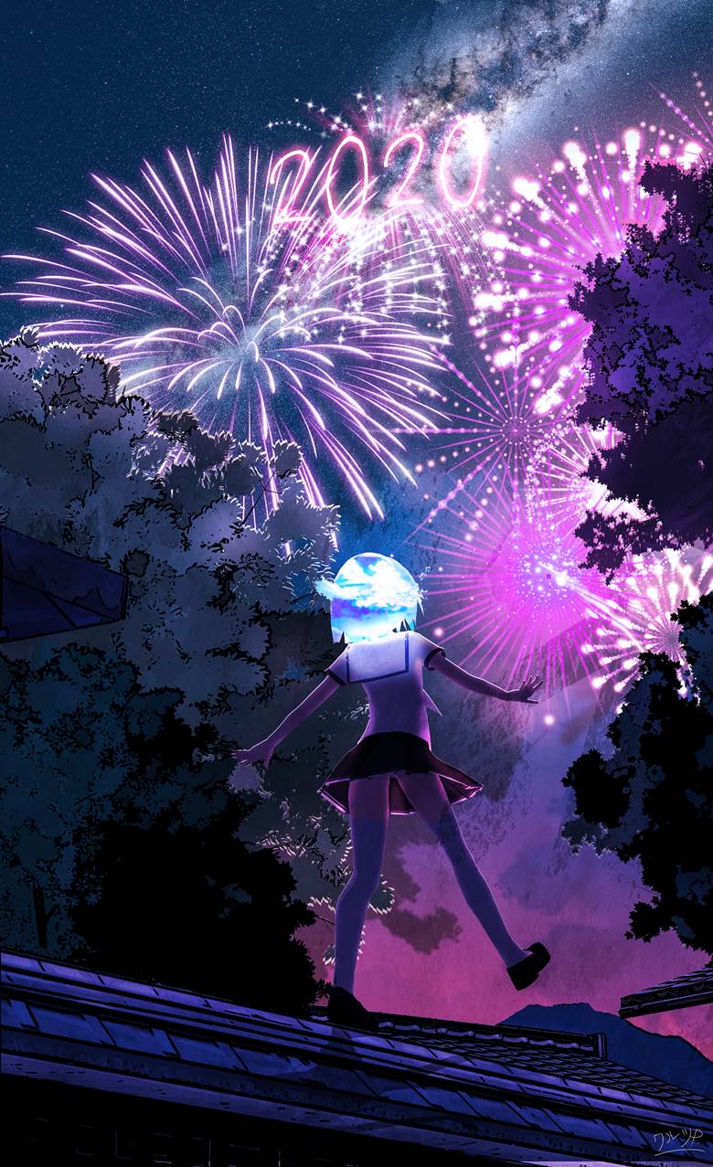 New Year, 风景, abstract, 插画, 原创, night view, stars, 焰火, 女高中生, 水手服