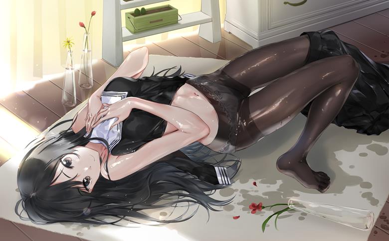 水手服, 黑裤袜, 黑长直, water, soaked, 黑色水手服, curtain, 湿透的裤袜, 穿透丝袜的内裤, 原创5000users加入书籤