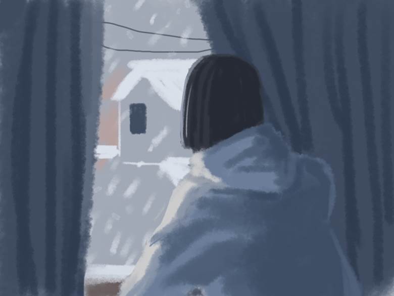夜外が明るいのでカーテンを开けると雪が降っていた夜|兼多的冬天风景插画图片