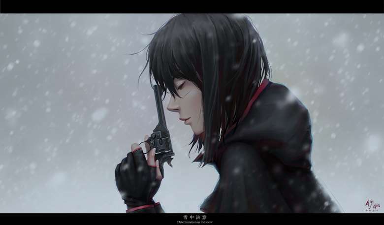 枪, 女孩子, 风景, 原创, snow, handgun