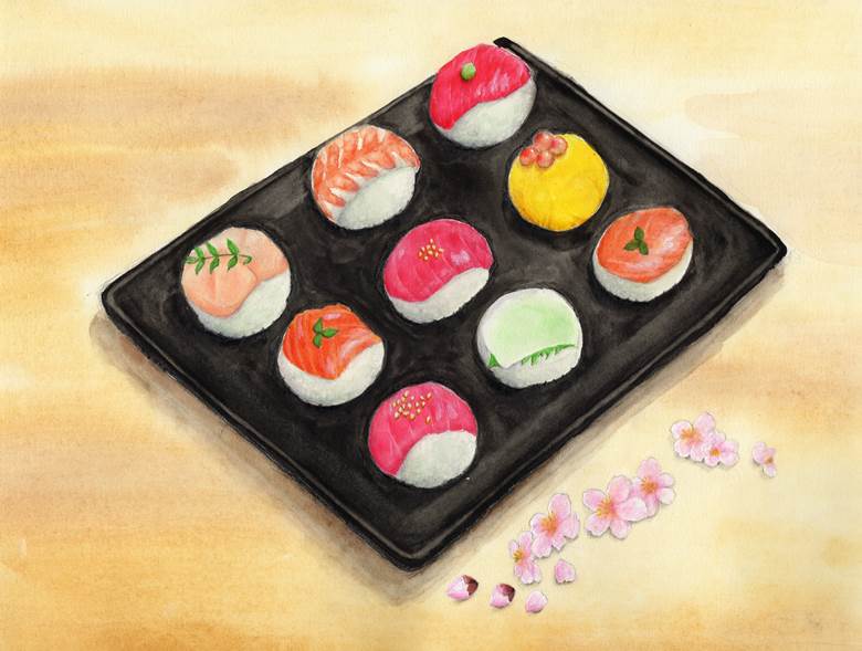 手まり寿司|ぽてと的寿司美食插画图片