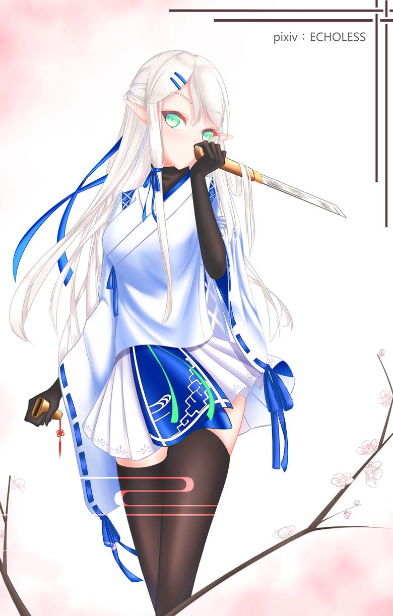 原创, 女孩子, 白发, Chinese style, 汉服, 精灵, 日本刀, 绝对领域