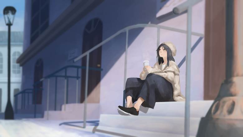 冬|萩村的喝咖啡的少女插画图片