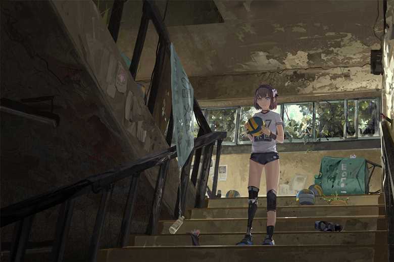 background, young girl, 改造人, 灯笼裤, gym uniform, 楼梯, 排球