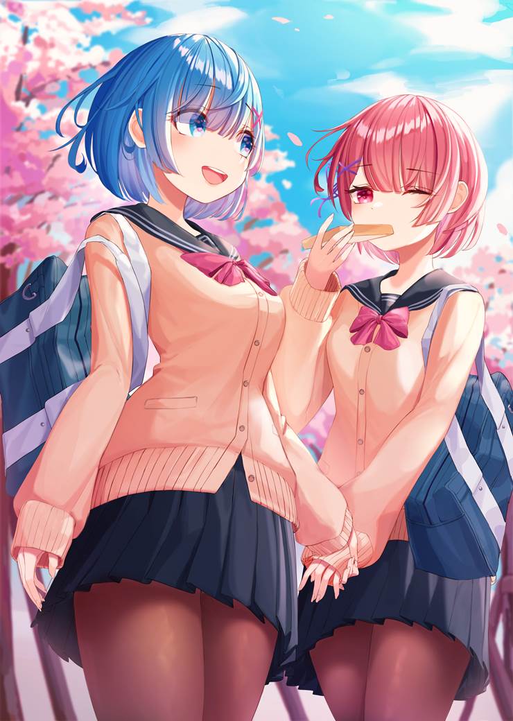 Re:从零开始的异世界生活, 雷姆, 拉姆（Re:Zero）, 雷姆 (Re:Zero), 黑裤袜, 水手服, Ram and Rem, spring, school uniform cardigan, Re:0 1000收藏