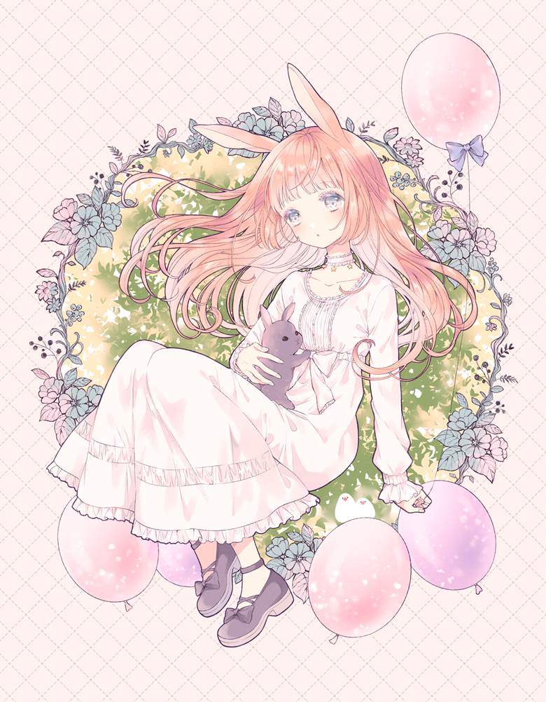 original, girl, animal ears, Original 500+ bookmarks, bunny ears, balloon, white dress
