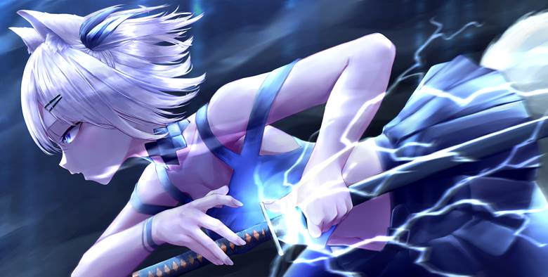 白发, 彩虹社, Ars·Almal, 兽耳, Japanese sword, lightning, 侧脸