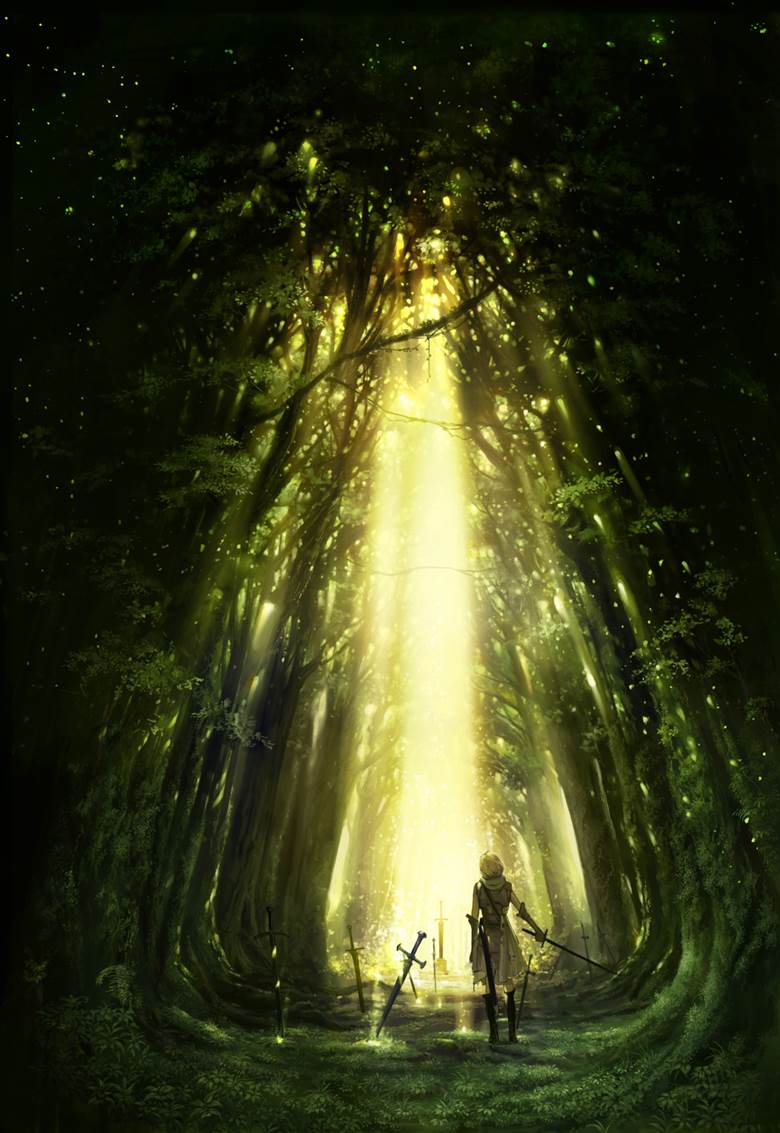森に眠る圣剑|流感中的阳光透过树木插画图片