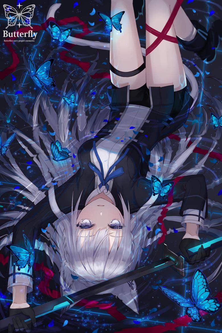 原创, 女孩子, 兽耳, 蝴蝶, 蓝, water surface, 原创5000users加入书籤