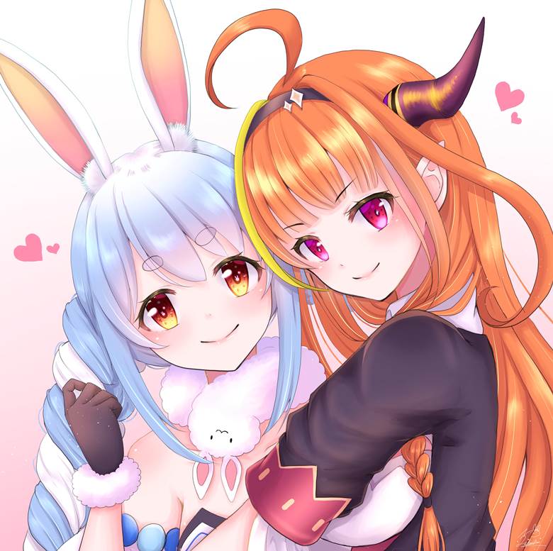 two people, 兔子, 女孩子, yuri, 插画, 可爱, Kiryu Coco fanart, Pekora Usada fanart, Usada Pekora, 桐生可可