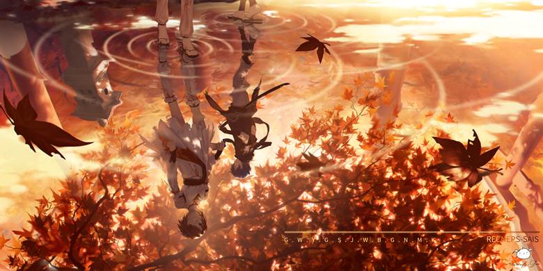 VOCALOID 1000收藏, reflection pool, sepia, autumn leaves, Yuuyake Koyake