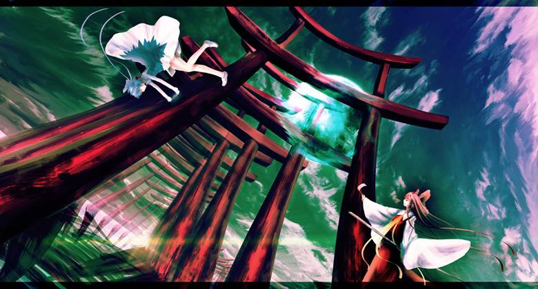 Touhou, background, Chirno, reimu hakurei, Torii, moon