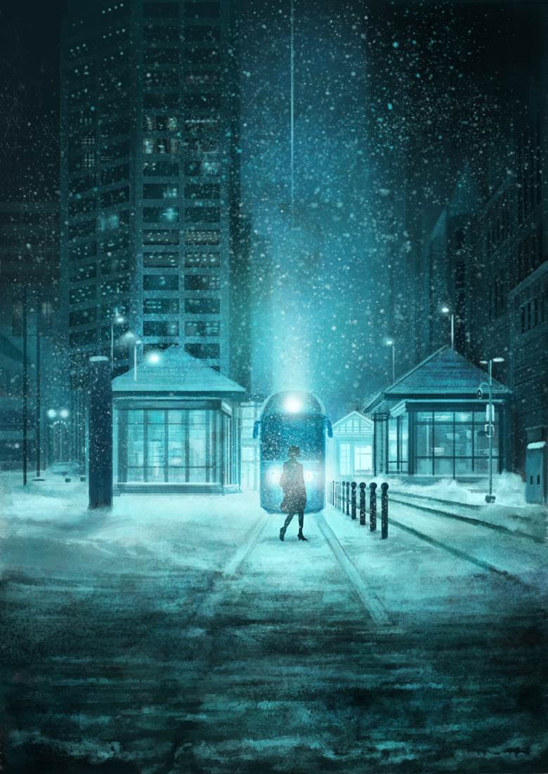 风景, background, snow, 电车, 女孩子, night sky