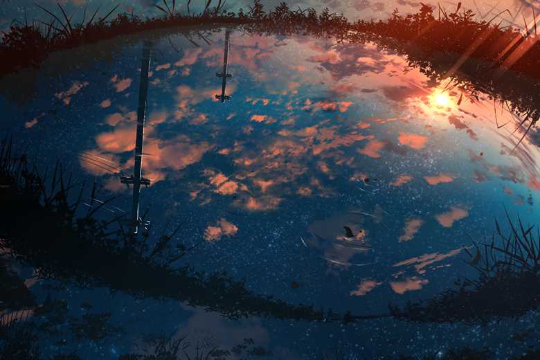 background, 风景, 原创, original, 插画, 夕阳, starry sky, reflection pool, 风景5000收藏