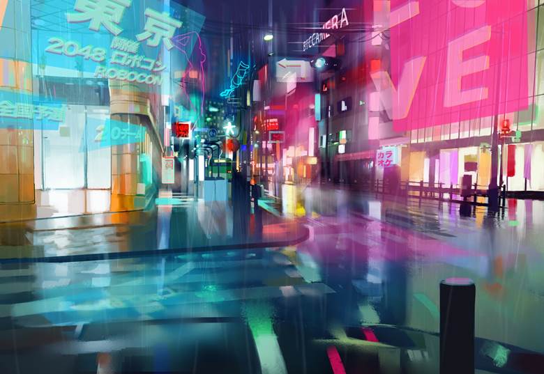 东京サイバーパンク|晓的pixiv奇幻风景插画图片
