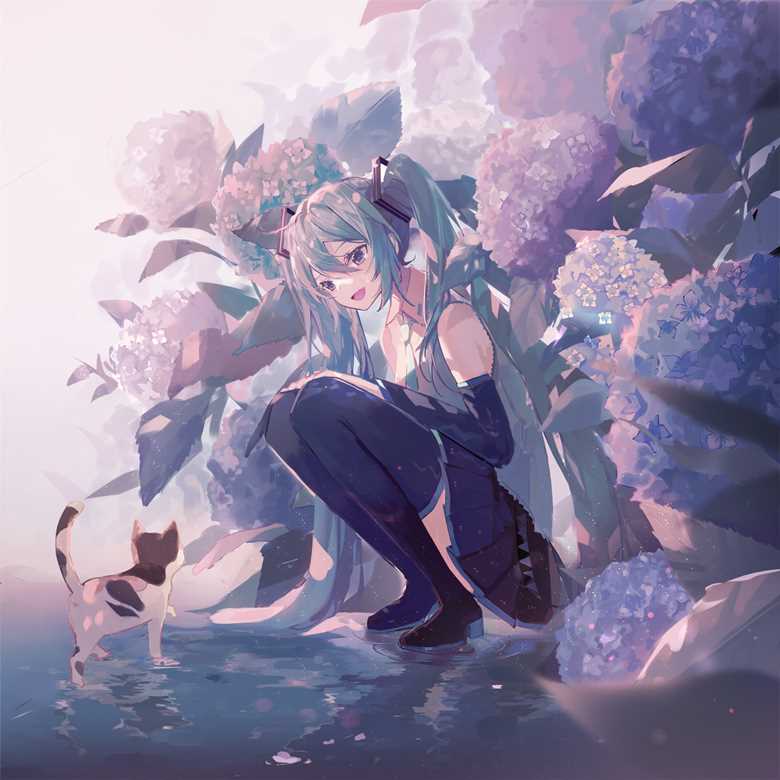 hatsune miku, hydrangea, cat and girl, Vocaloid 10000+ bookmarks, Miku must be an angel, Miku and flowers