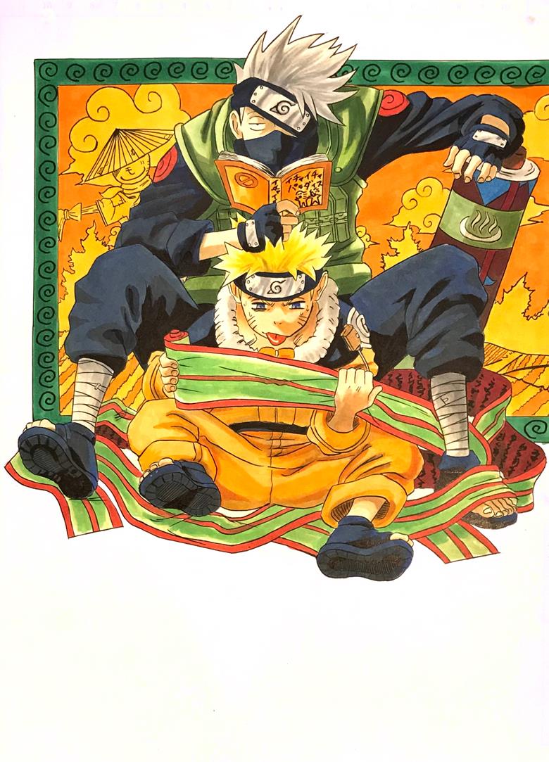 旗木卡卡西, 漩涡鸣人, 手绘, copic马克笔, 临摹