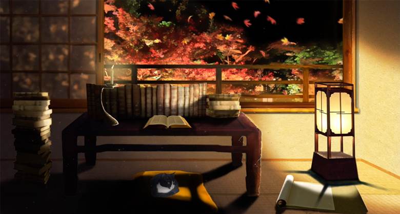 大正浪漫秋のアパートの一室で猫と共に|寿限无的风景壁纸插画图片