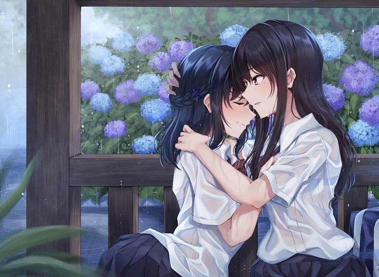 百合插画大赛2, yuri, 原创, 女高中生, 黑长直, uniform, 女孩子, half-up hairstyle, 紫阳花, 原创1000users加入书籤