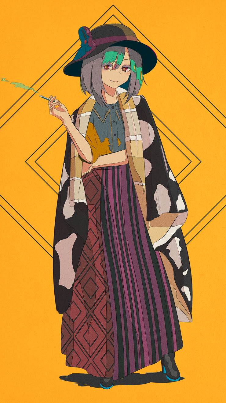 original, girl, creation, hat, cigarette, long skirt, high heels, work shirt, red eyes