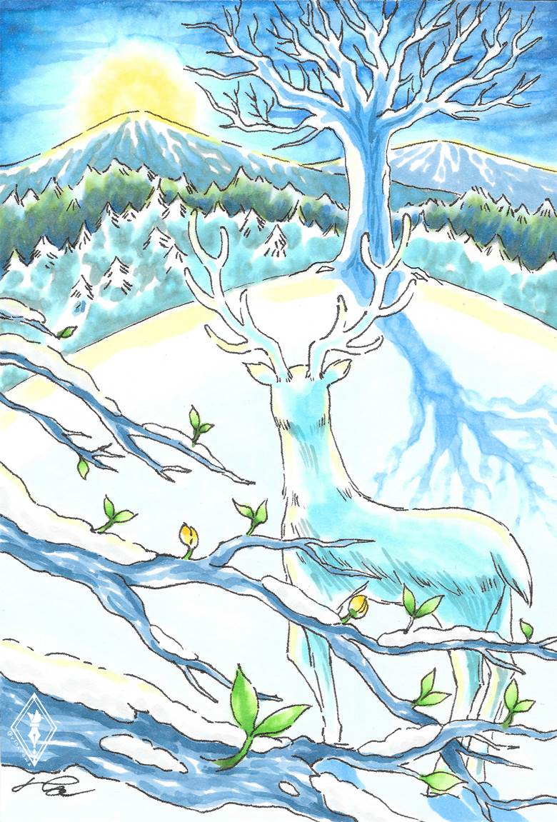 插画, 原创, snow, spring, winter, deer, copic马克笔, Season, 风景