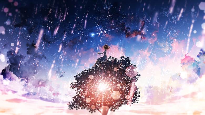 mouse drawing, young girl, starry sky, 夕阳, sky, 树, 风景, background