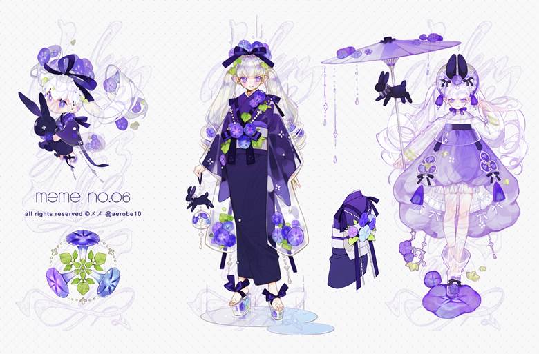 young girl, 精灵耳, purple, 朝颜, rain, 白发, 兔子, character setting, 双马尾, 立绘