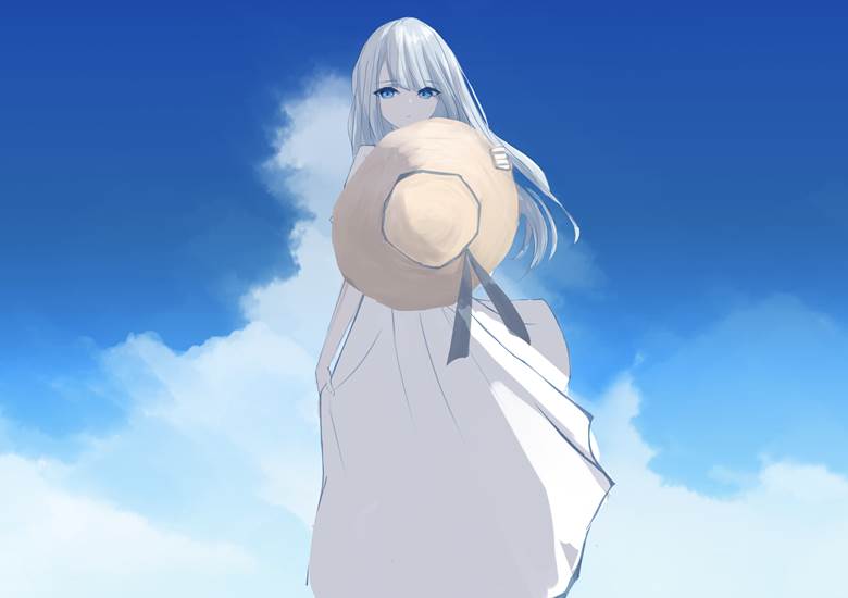 女孩子, 原创, white dress, 白发, 银色长发, blue eyes, 银发碧眼, 草帽, 夏天