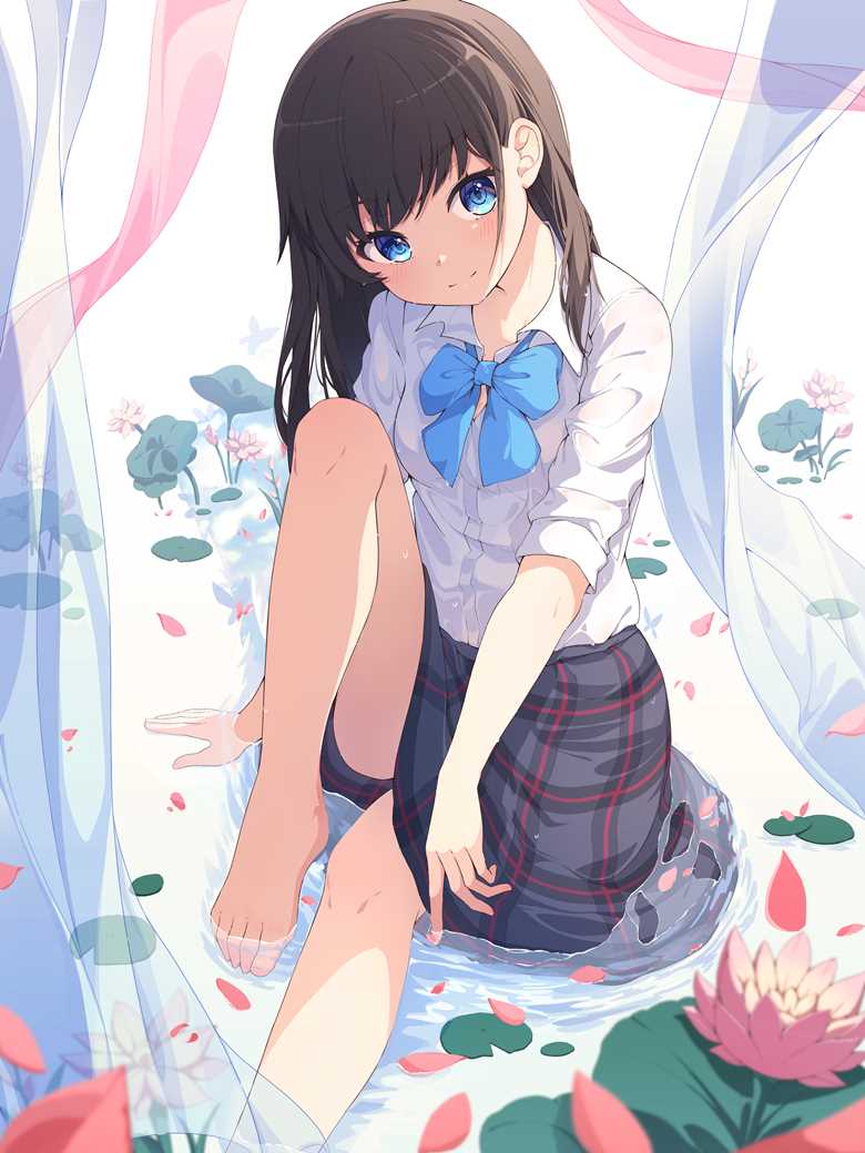 girl, young girl, water surface, school uniform, barefoot school uniform
