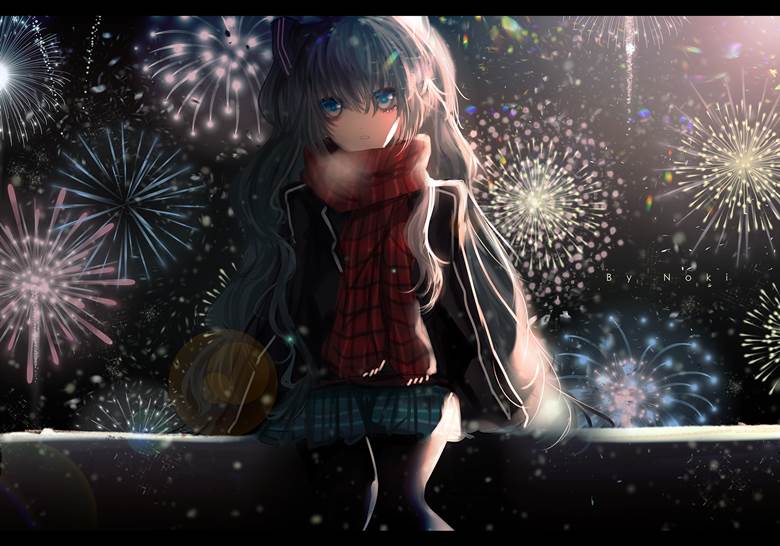涂鸦, 女孩子, 风景, background, 初音未来, night view, 焰火, snow