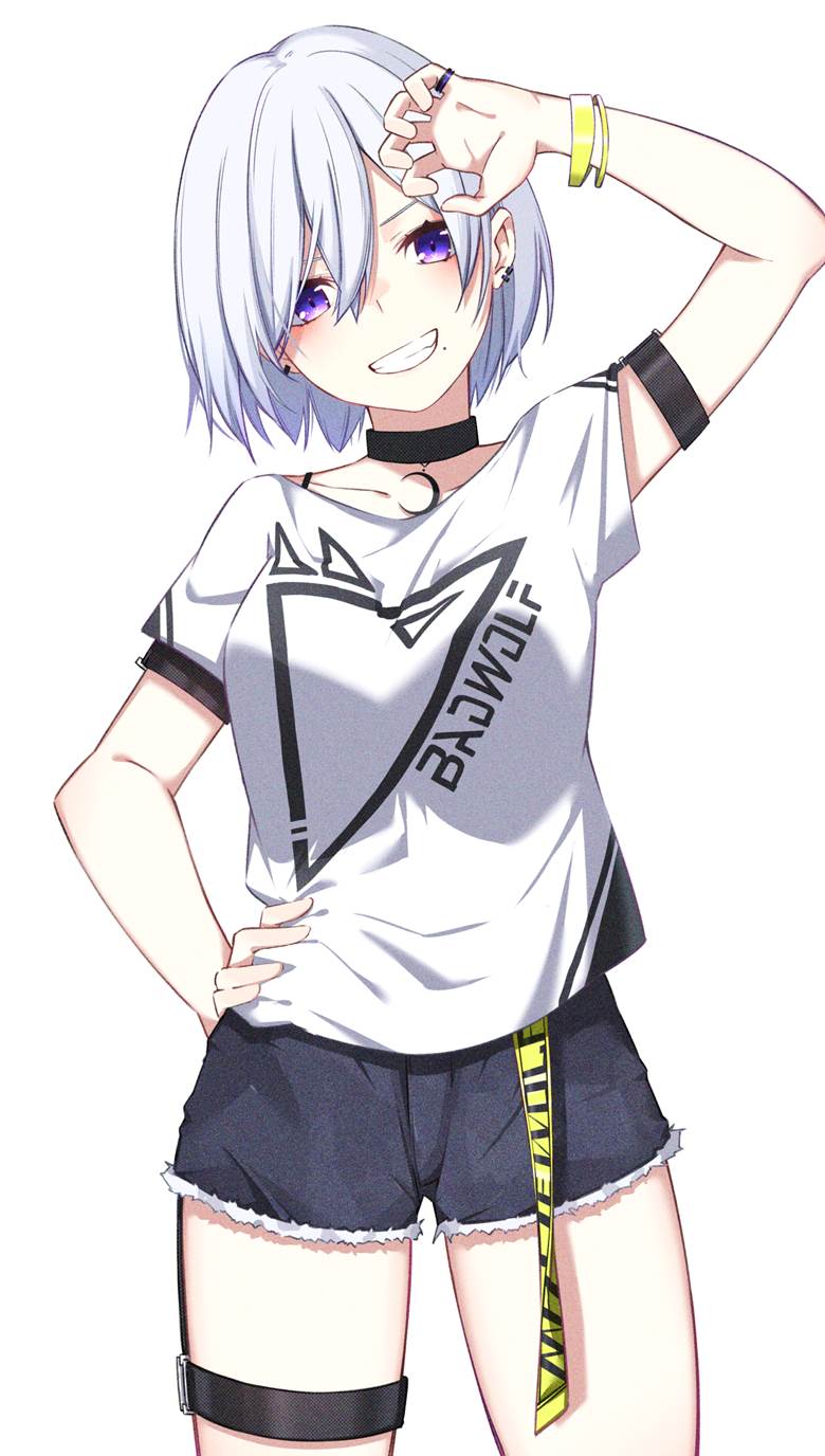 white hair, tomboy, short pants, original 1000+ bookmarks, piercing, white skin