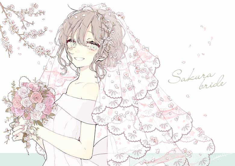 原创, 原创, 女孩子, 樱, 婚纱, Upswept hairstyle, veil, 新娘, 原创10000users加入书籤, bouquet