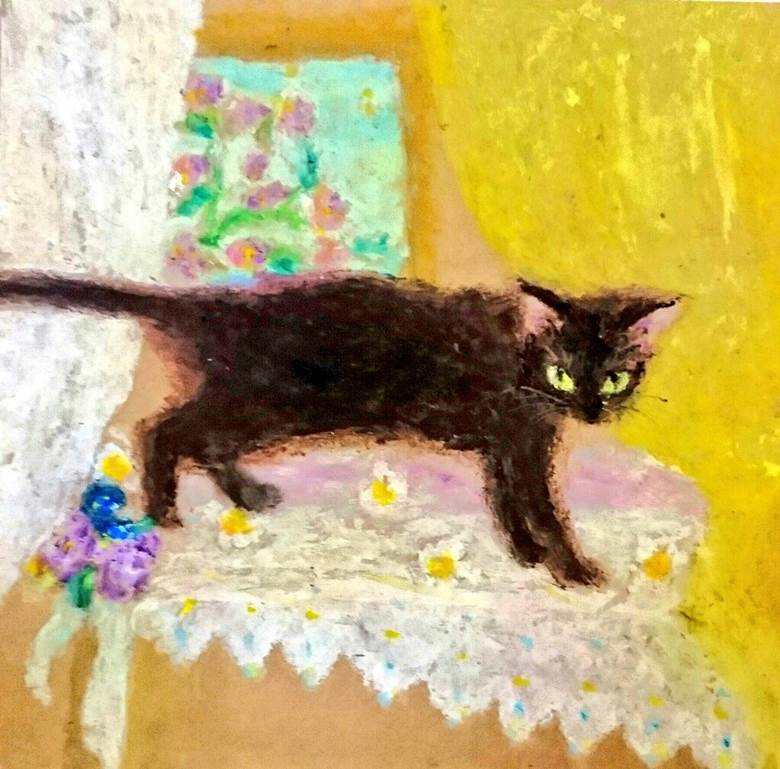 花とカーテンと黒猫|眞田悟ぶ的黑猫动物插画图片