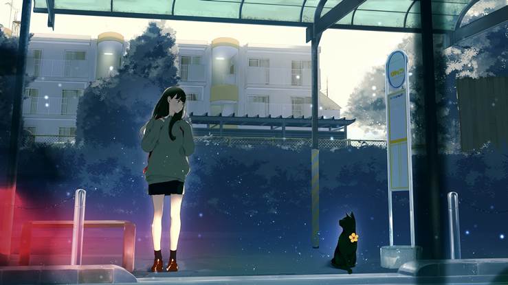 在公交车站等待的和风少女插画图片，日系的浪漫真美