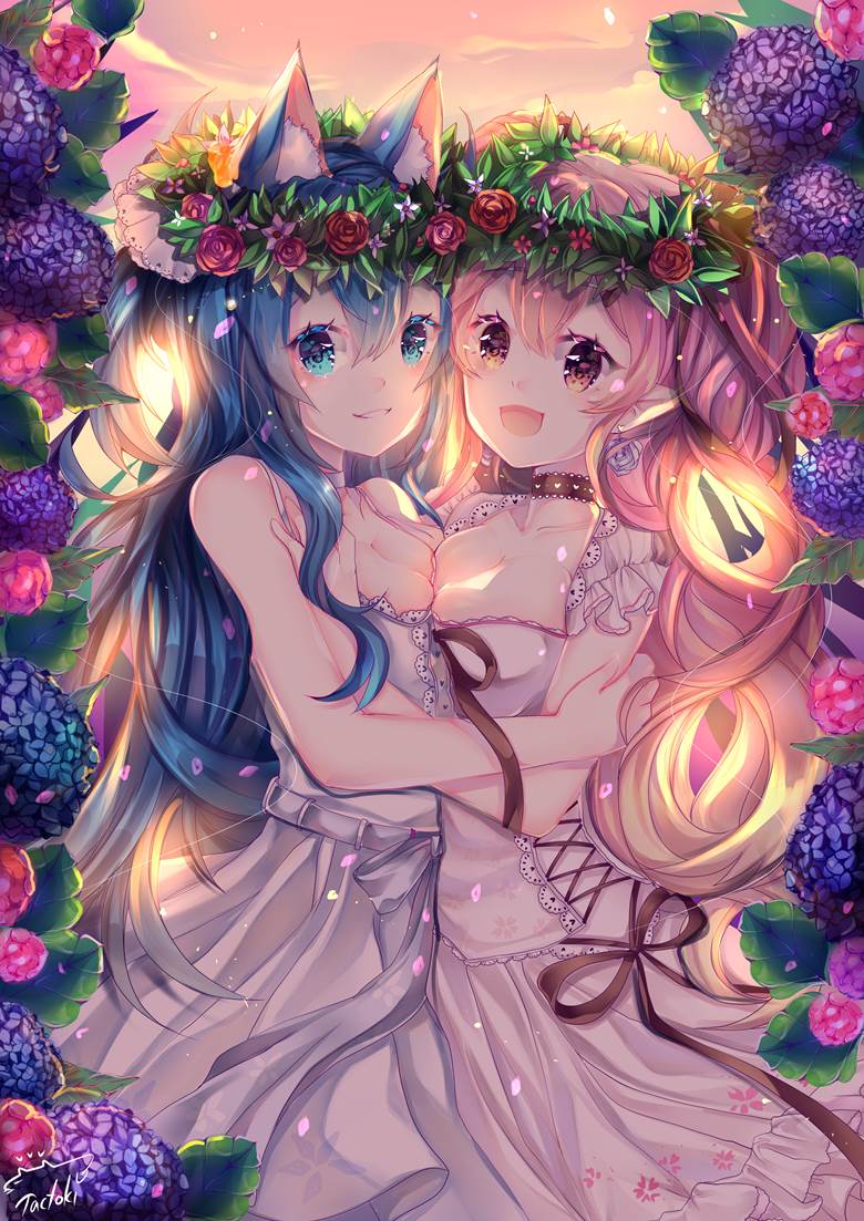 女孩子, huge breasts, 拥抱, 原创, 夕阳, 花和女孩子, romantic, 乳房相接触